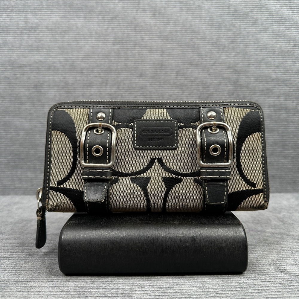 Coach Signature C Buckle‎ Zip Around Wallet Black Tan Jacquard Canvas Leather